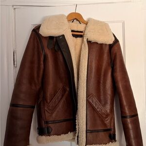 Quince Brown Bomber Jacket with Cream Shearling